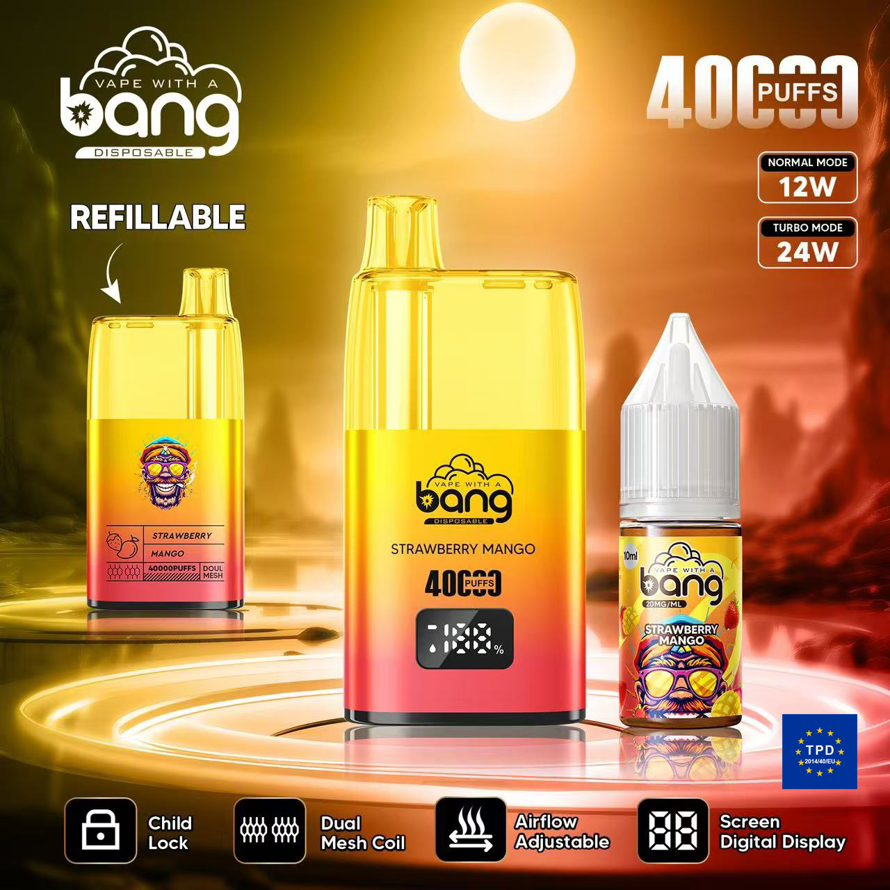 New Style Bang 40000puffs TPD Certificate Disposable Electronic Cigarette Refillable Screen Digital Display